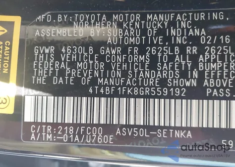2016 Toyota Camry Le from USA, damaged, VIN 4T4BF1FK8GR559192